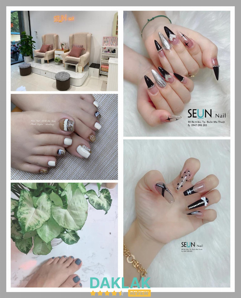 Khách hàng trải nghiệm dịch vụ tại SEUN Nail Đắk Lắk, nổi bật với nhiều mẫu nail nghệ thuật đa dạng.