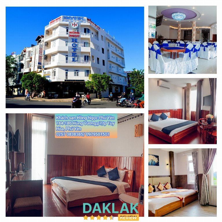 Hhách sạn Hồng Ngọc Phú Yên – mặt tiền, phòng nghỉ và không gian bên trong tại Tuy Hòa.