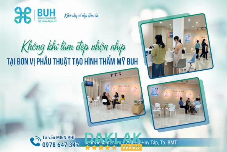 Không khí làm đẹp tại Đơn vị Phẫu thuật Tạo hình & Thẩm mỹ BUH (BV Đại học Y Dược BMT), khách hàng được tư vấn và chăm sóc trong không gian hiện đại, thoải mái.