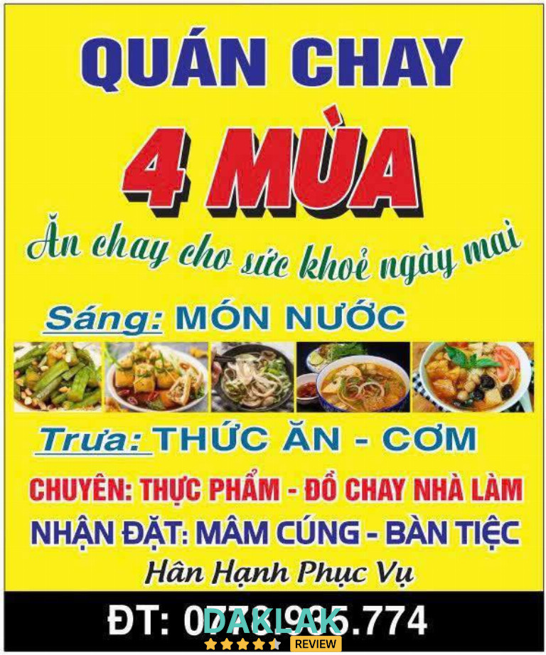 “Quán Chay 4 Mùa ở Ea Ô – sáng có món nước, trưa cơm chay đủ món, dễ ăn và sạch sẽ.”