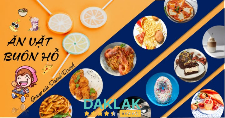 Banner ăn vặt Buôn Hồ với nhiều món ăn như mì Ý, gà rán, bánh ngọt, trà sữa và cà phê.